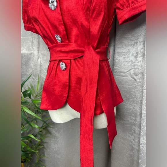 Cachet Women’s Vintage Rhinestone Button Belted Blouse Red Sz 6 Petite - Picture 5 of 9